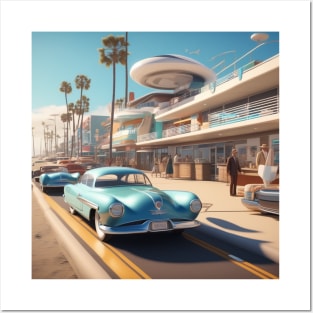 A Retro-Futuristic image of a Califonia Beach City Posters and Art